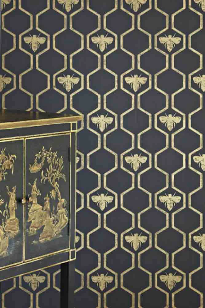 Barneby Gates Honey Bees Wallpaper - Gold on Charcoal