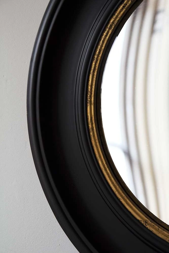 Black Convex Mirror With Aged Gold Detail - Image 2