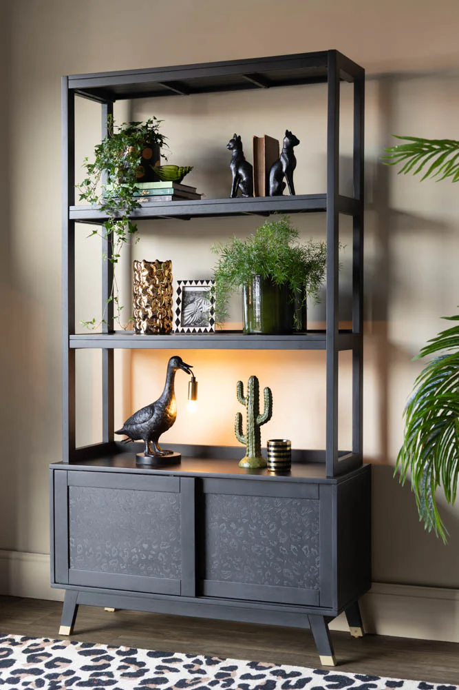 Black Mango Wood Leopard Print Shelving Unit