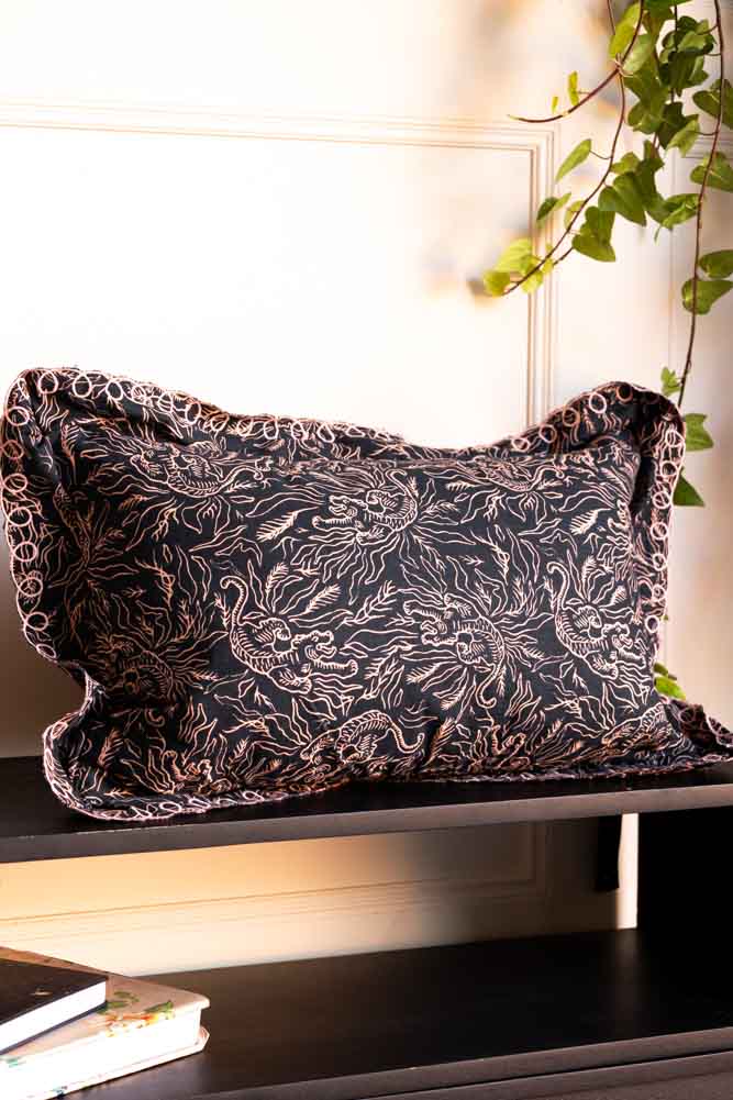 Black & Pink Tiger Cushion With Pretty Scalloped Edge - Cover - Image 3
