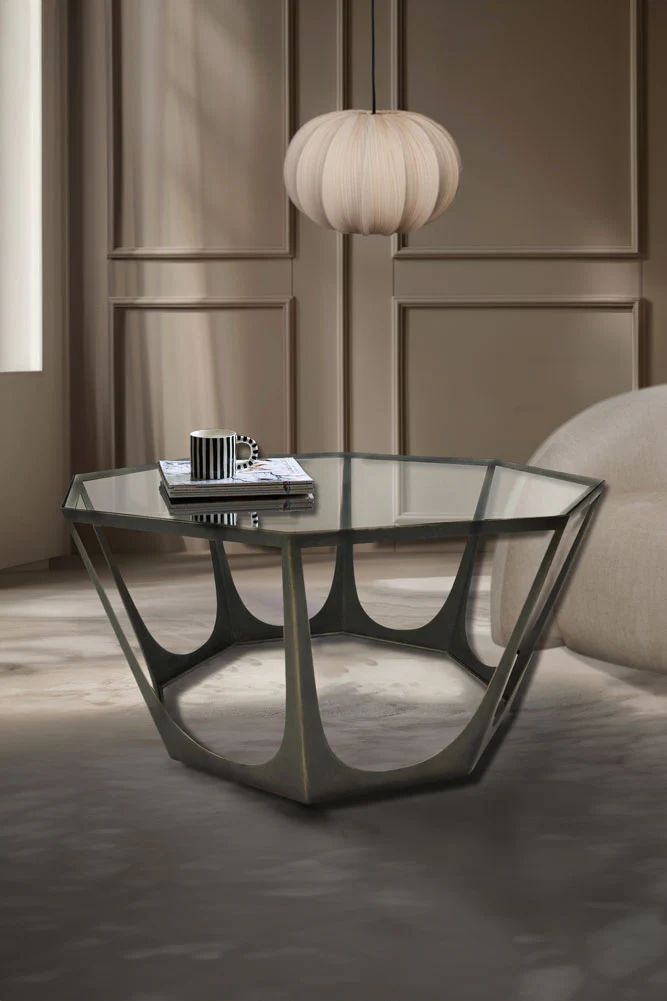 Bronze Sculpted Coffee Table with Glass Top