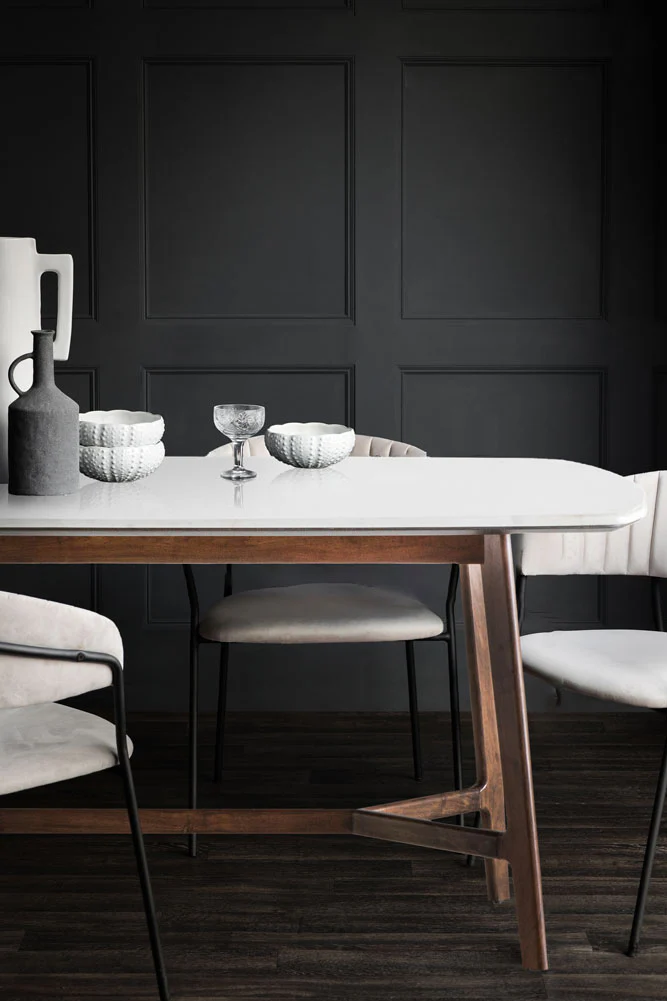Curved Acacia & Marble Dining Table