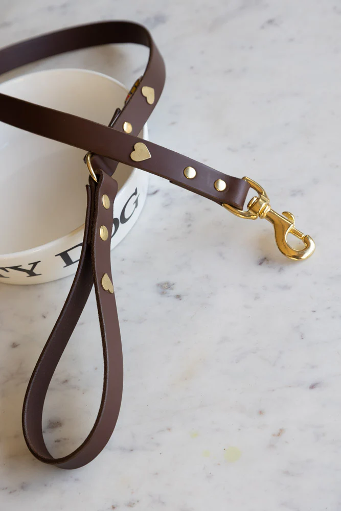 Dark Brown Leather Dog Lead With Hearts - Image 3