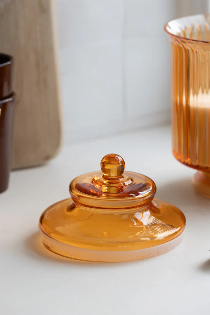 Elegant Ribbed Glass Storage Jar in Amber - Image 3