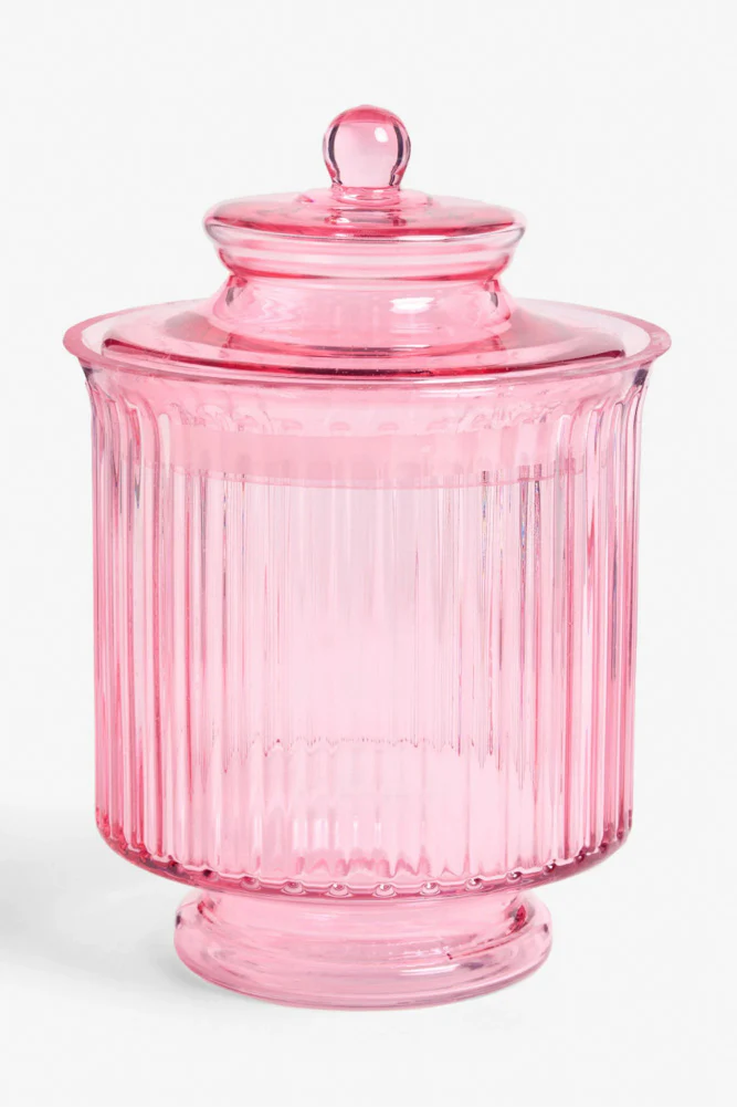Elegant Ribbed Glass Storage Jar in Pink - Image 4