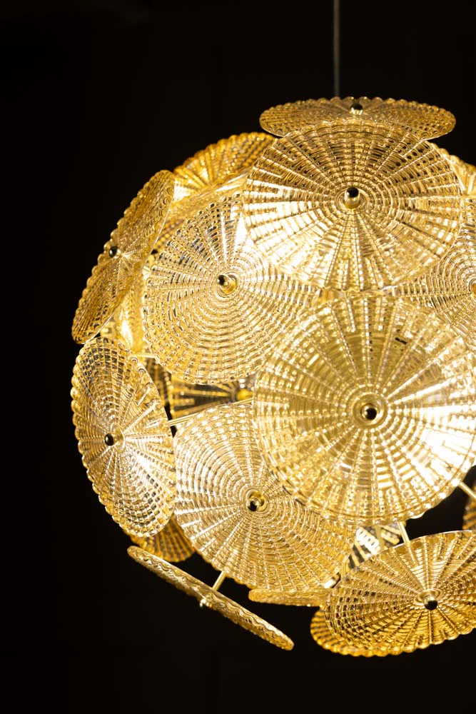 Gold & Amber Ribbed Glass Disc Ceiling Light - Image 4
