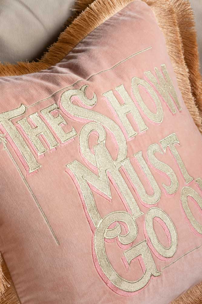 Pink Velvet Double-Fringed Show Must Go On Embroidered Cushion - Image 3