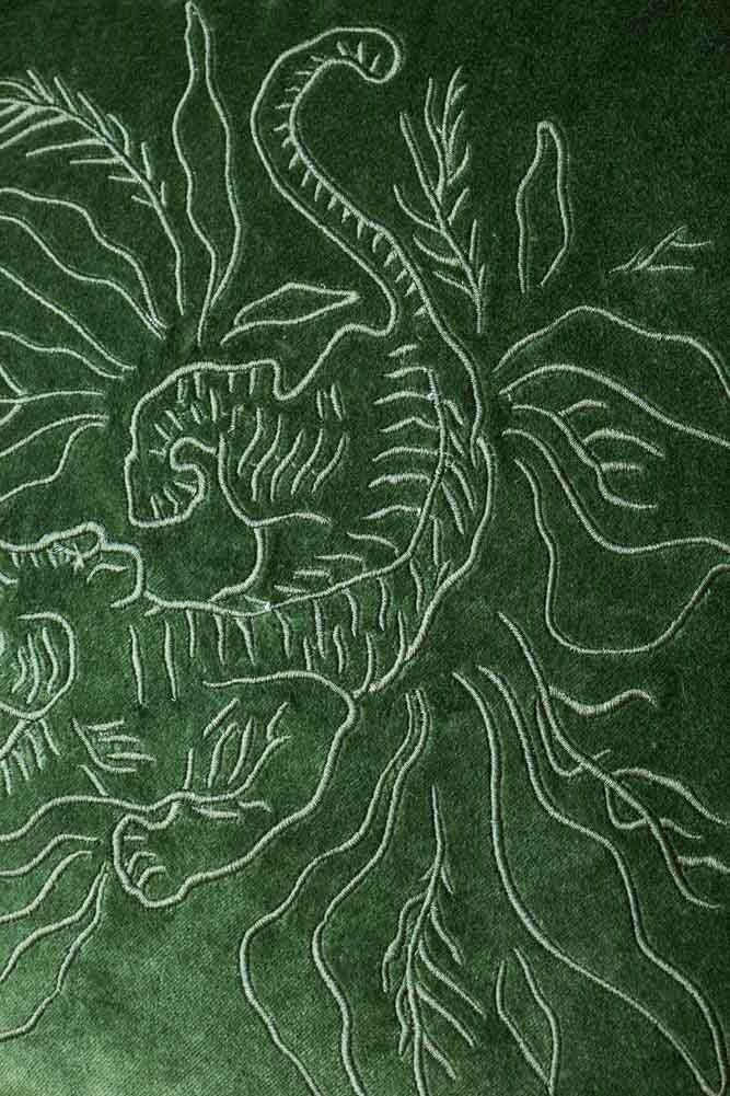 Green Velvet & Monochrome Stripe Embroidered Tiger Cushion Cover - Image 2