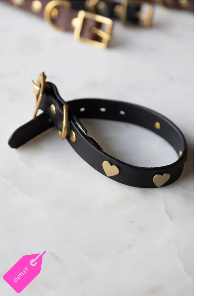 Black Leather Dog Collar With Hearts - SAMPLE