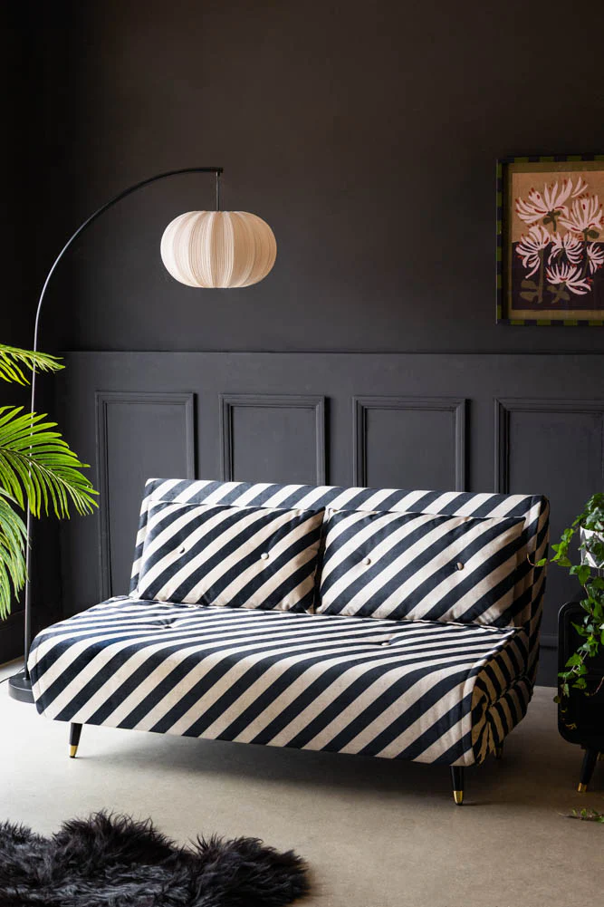 Mabel Large 2 Seater Sofa Bed in Studio Stripe Velvet Sand & Black