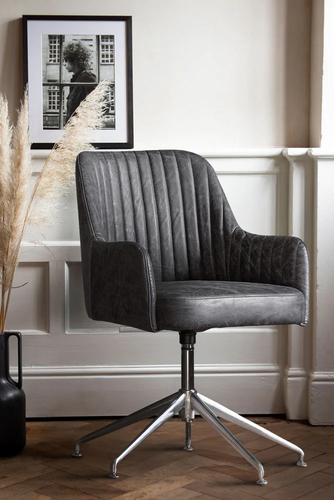 Ribbed Antique-Style Black Leather Swivel Chair