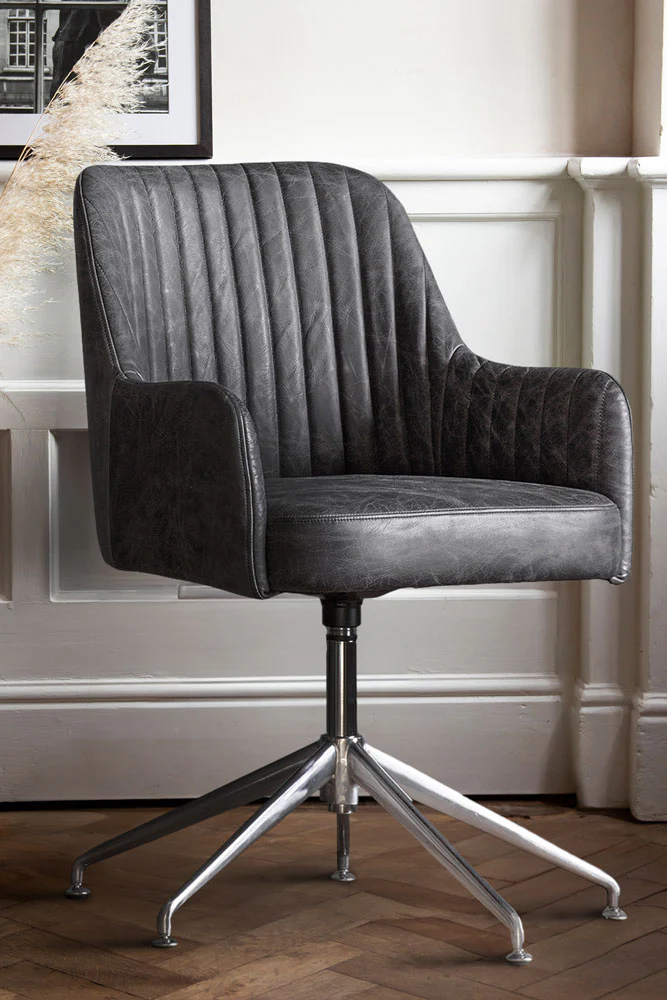 Ribbed Antique-Style Black Leather Swivel Chair - Image 3