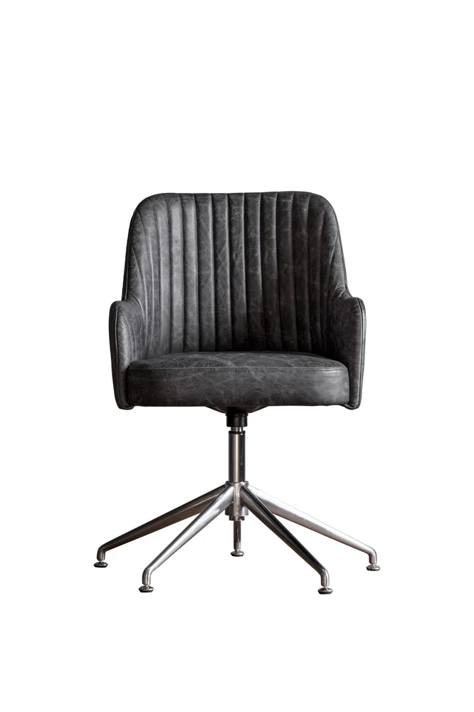 Ribbed Antique-Style Black Leather Swivel Chair - Image 5