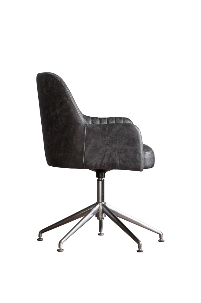 Ribbed Antique-Style Black Leather Swivel Chair - Image 6