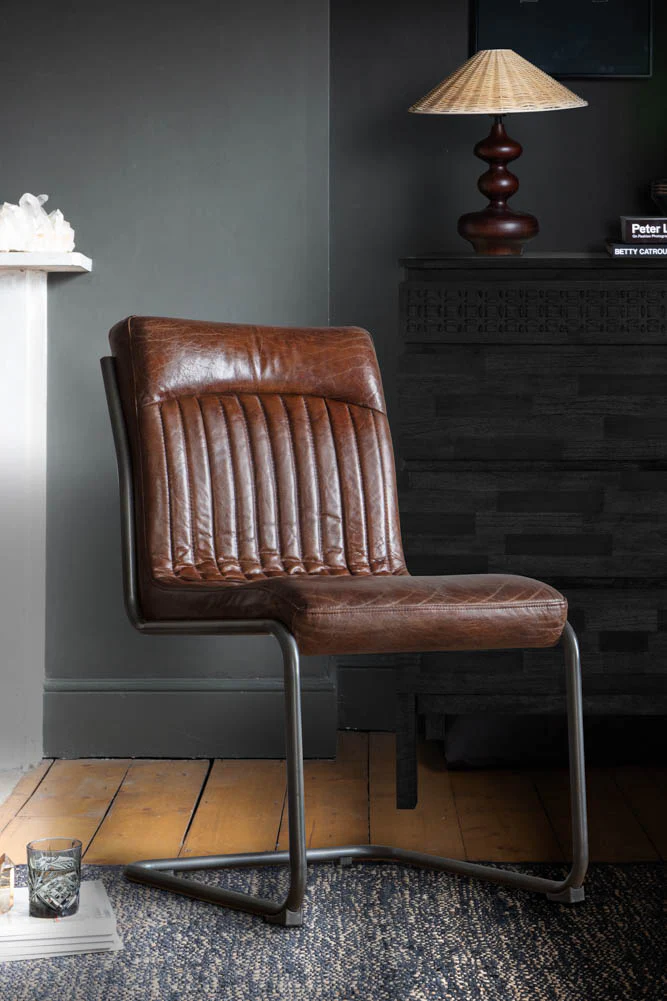 Ribbed Antique-Style Brown Leather Chair