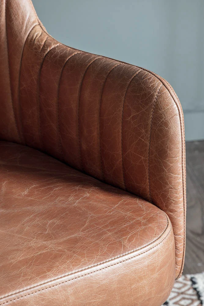 Ribbed Antique-Style Brown Leather Swivel Chair - Image 2