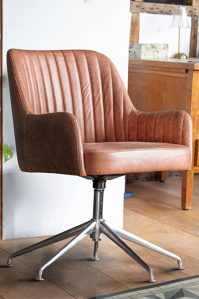 Ribbed Antique-Style Brown Leather Swivel Chair - Image 3