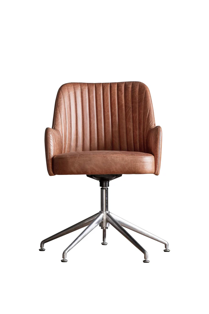 Ribbed Antique-Style Brown Leather Swivel Chair - Image 5