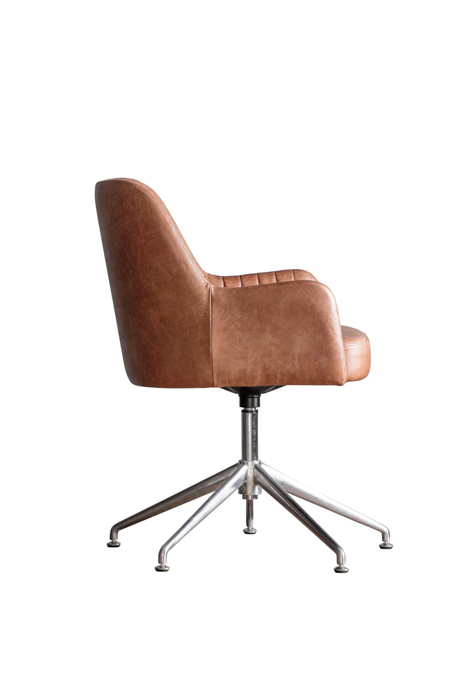 Ribbed Antique-Style Brown Leather Swivel Chair - Image 6