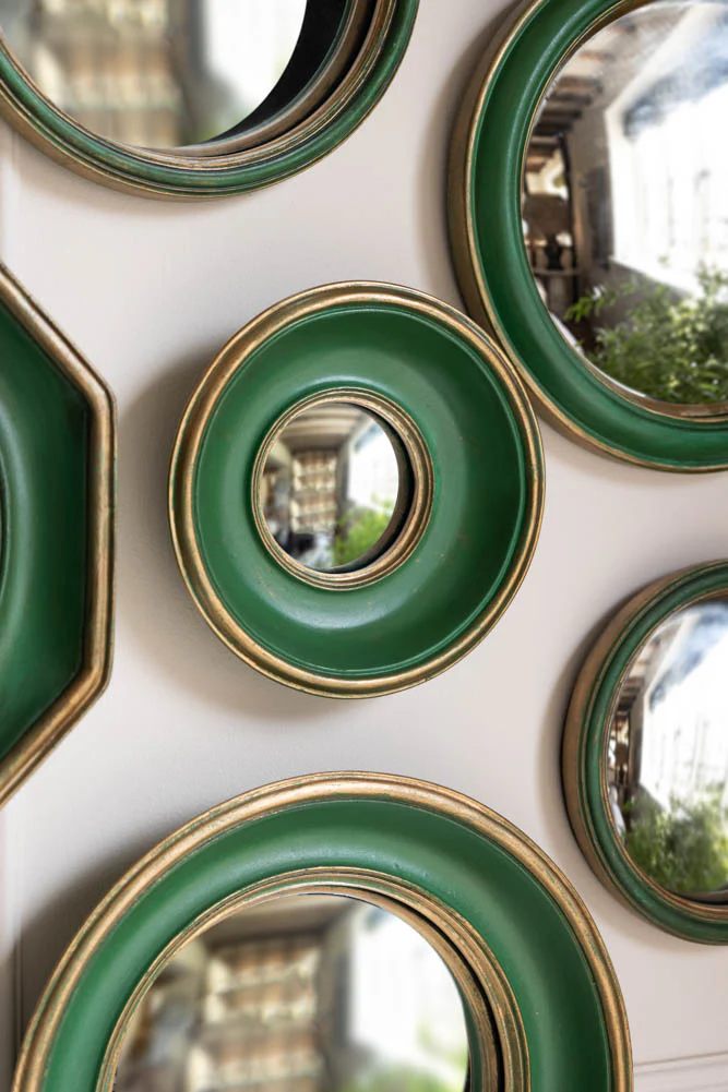 Set of 12 Antique Green & Gold Convex Framed Mirrors - Image 2