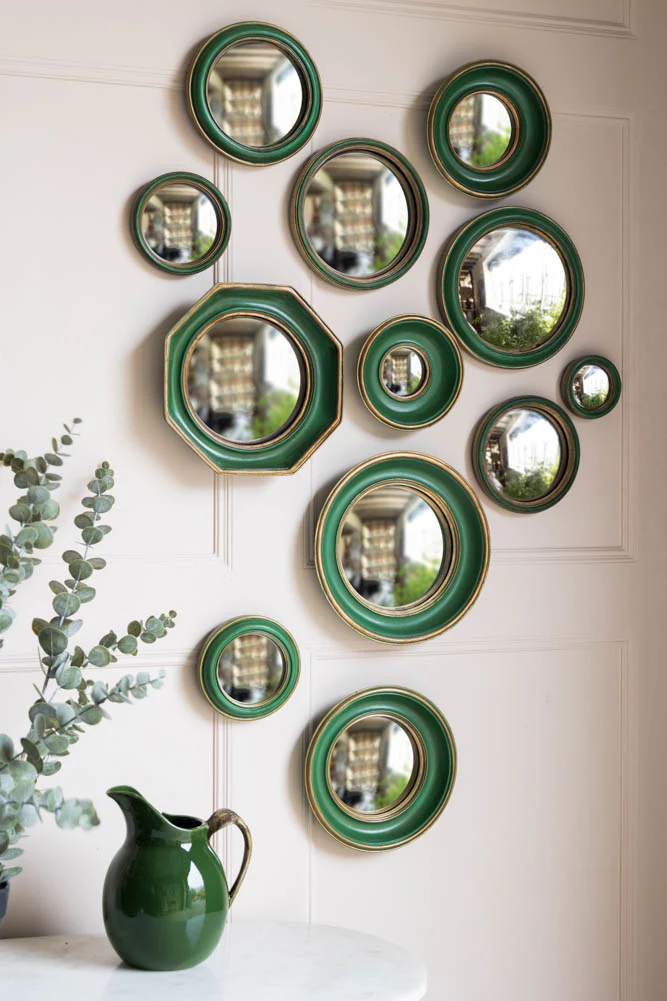 Set of 12 Antique Green & Gold Convex Framed Mirrors - Image 3