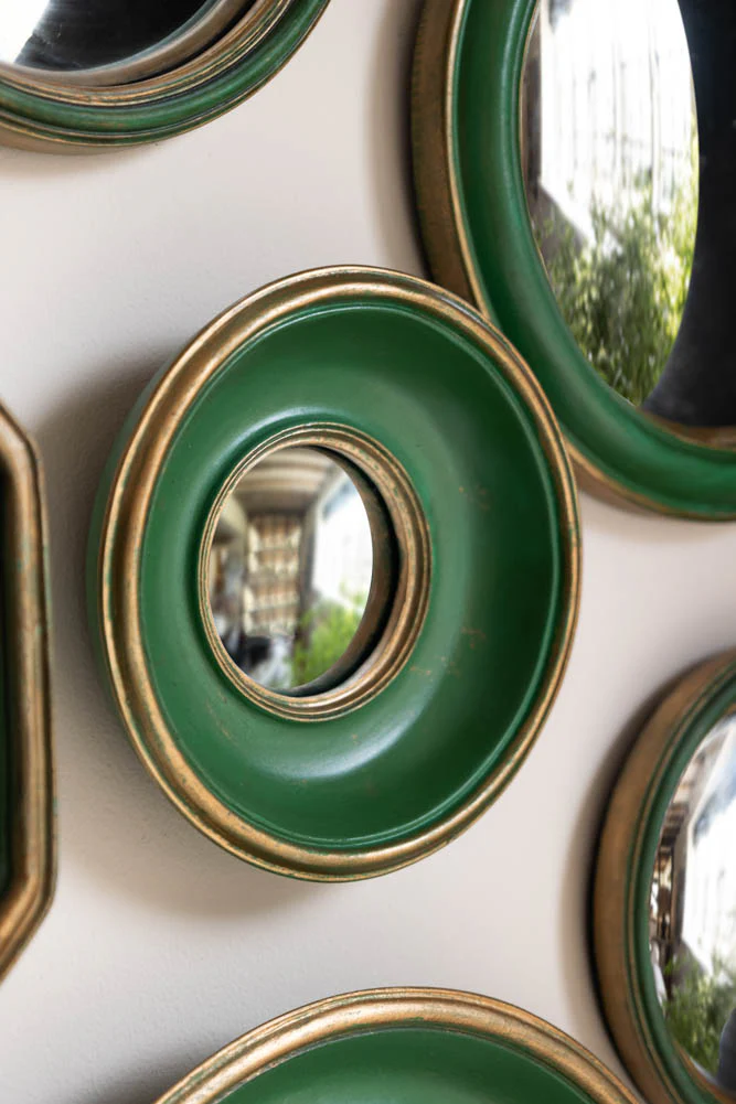 Set of 12 Antique Green & Gold Convex Framed Mirrors - Image 4