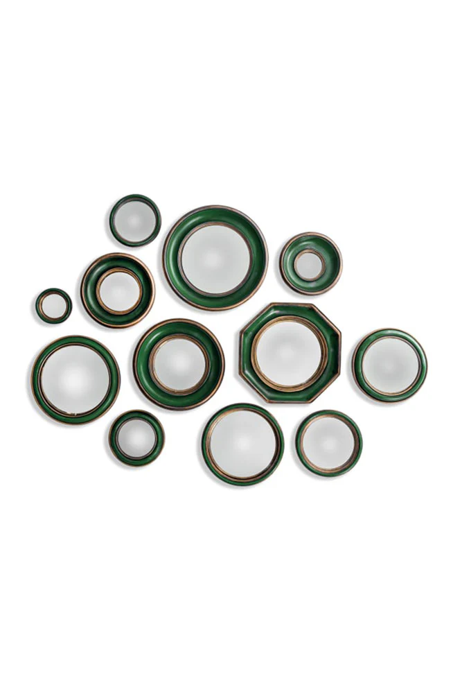 Set of 12 Antique Green & Gold Convex Framed Mirrors - Image 5