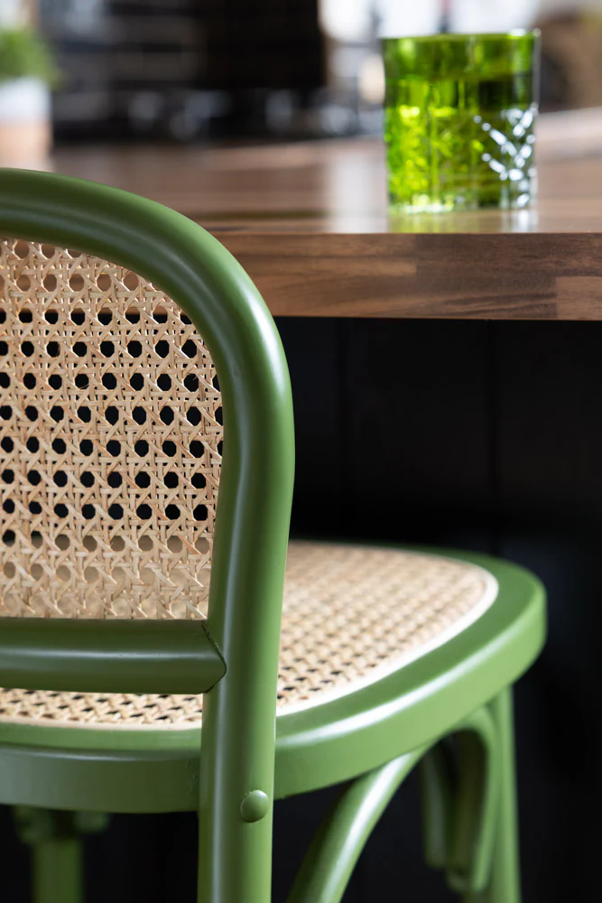 Set of 2 Chez Pitou Wood & Woven Cane Bar Stools in Green - Image 3