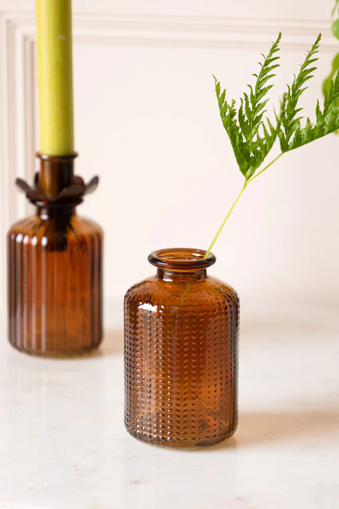 Set of 2 Embossed Glass Bottles in Amber - Image 2