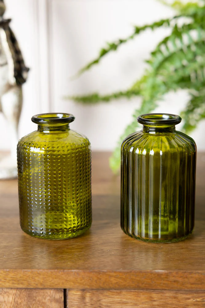 Set of 2 Embossed Glass Bottles in Green - Image 3