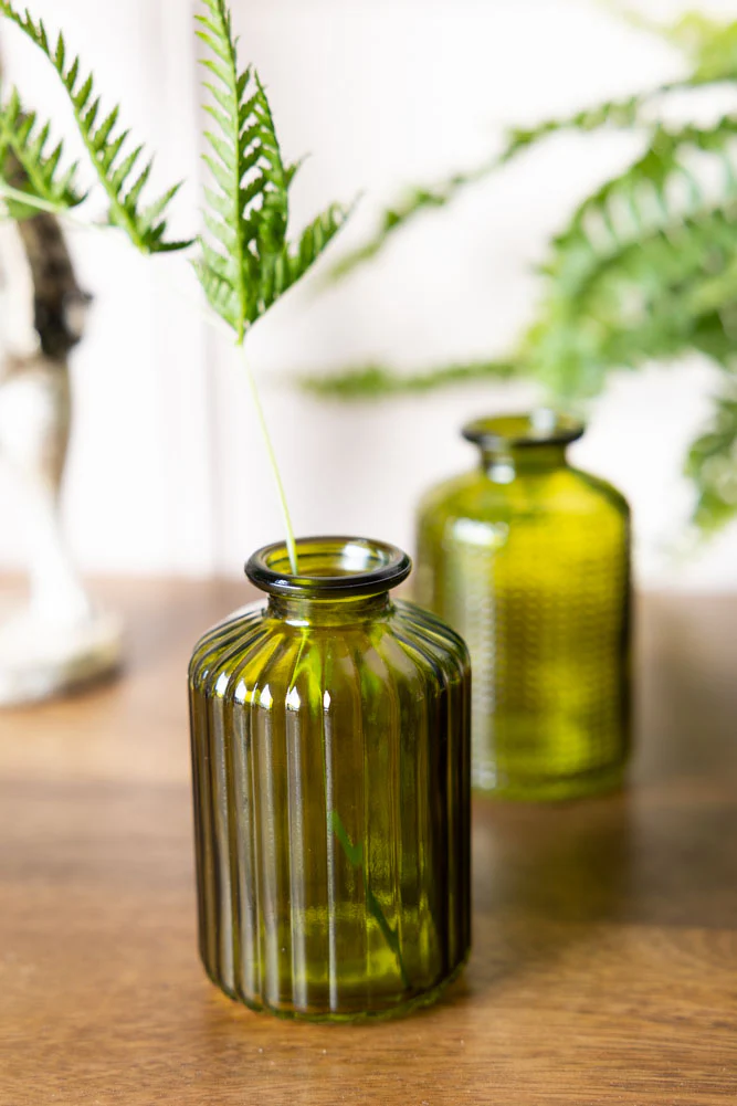 Set of 2 Embossed Glass Bottles in Green - Image 4