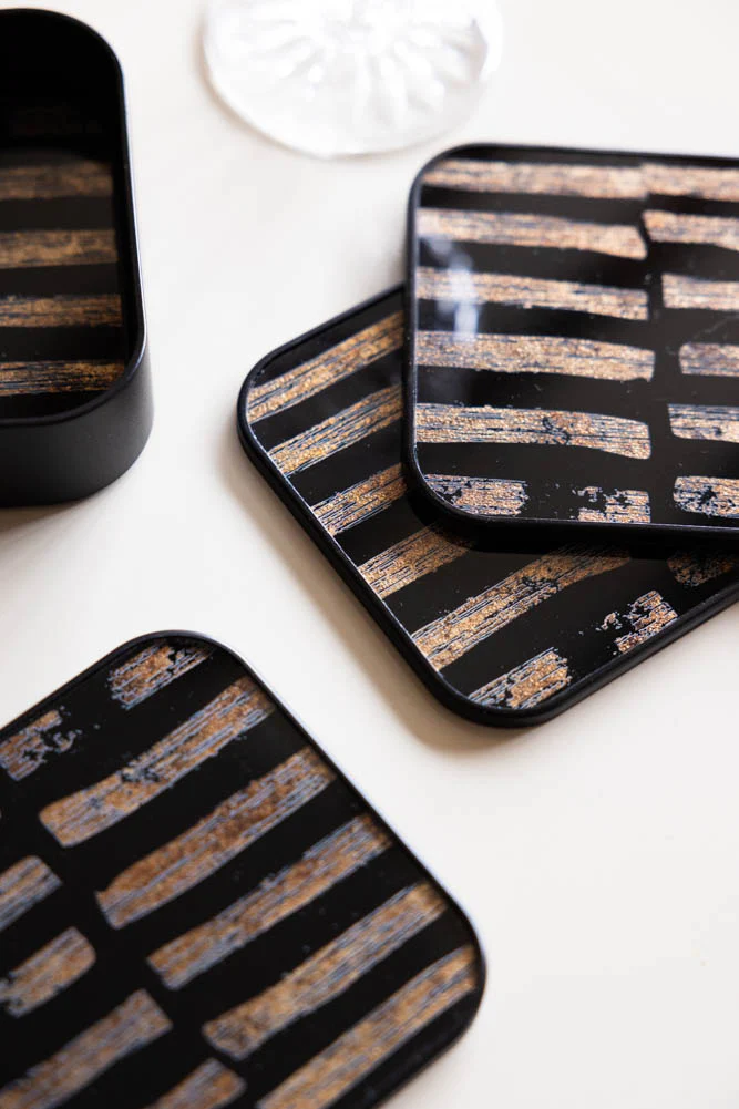 Set of 4 Black & Gold Brushstroke Coasters With Holder - Image 2