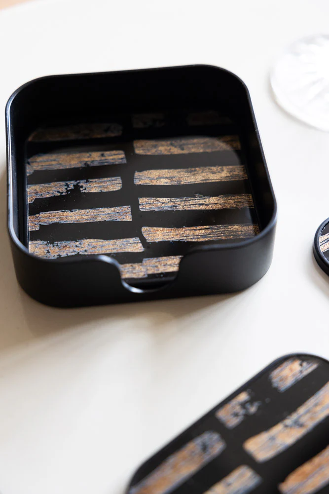 Set of 4 Black & Gold Brushstroke Coasters With Holder - Image 3