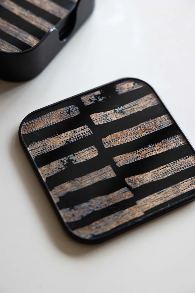 Set of 4 Black & Gold Brushstroke Coasters With Holder - Image 4