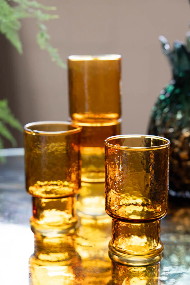 Set Of 4 Stackable Amber Glass Tumblers