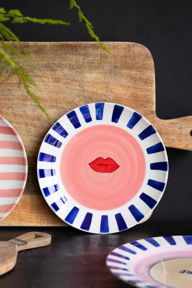 Striped Border & Lips Ceramic Serving Plate