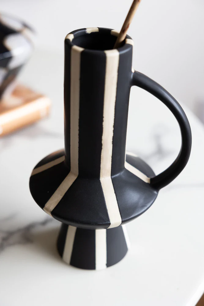 Tall Striped Black & White Vase With Handle - Image 2