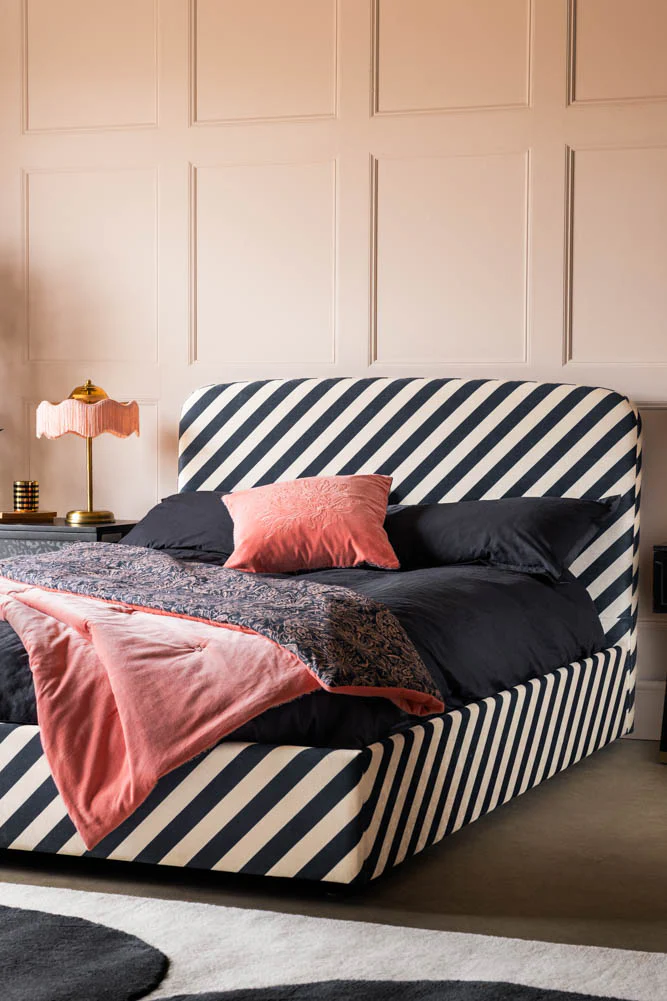 The Jagger Ottoman Bed in Studio Stripe Velvet Sand & Black - Available in 2 Sizes - Image 2