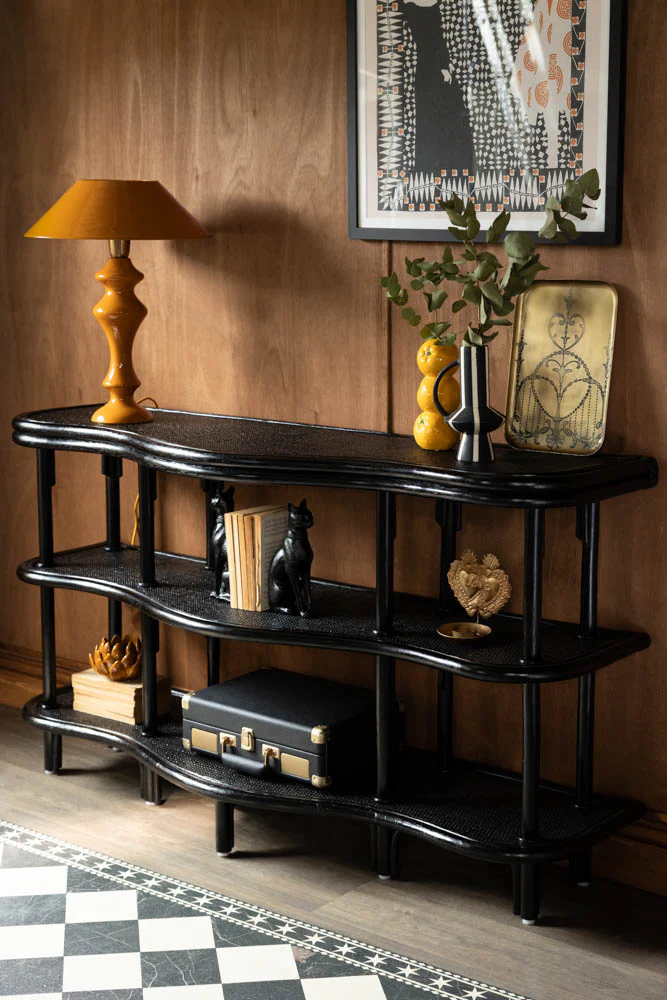 Vintage-Inspired Black Rattan Console Table