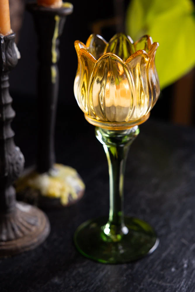Vintage-Style Yellow Glass Flower Candle Holder - Image 2