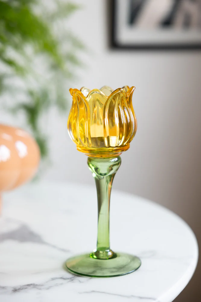 Vintage-Style Yellow Glass Flower Candle Holder - Image 3