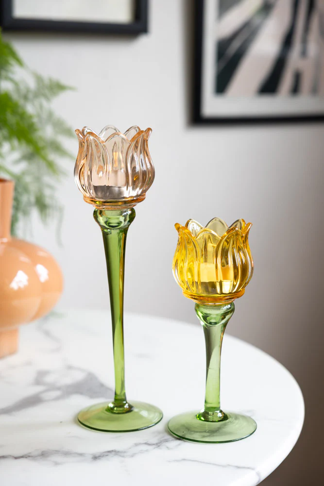 Vintage-Style Yellow Glass Flower Candle Holder - Image 4