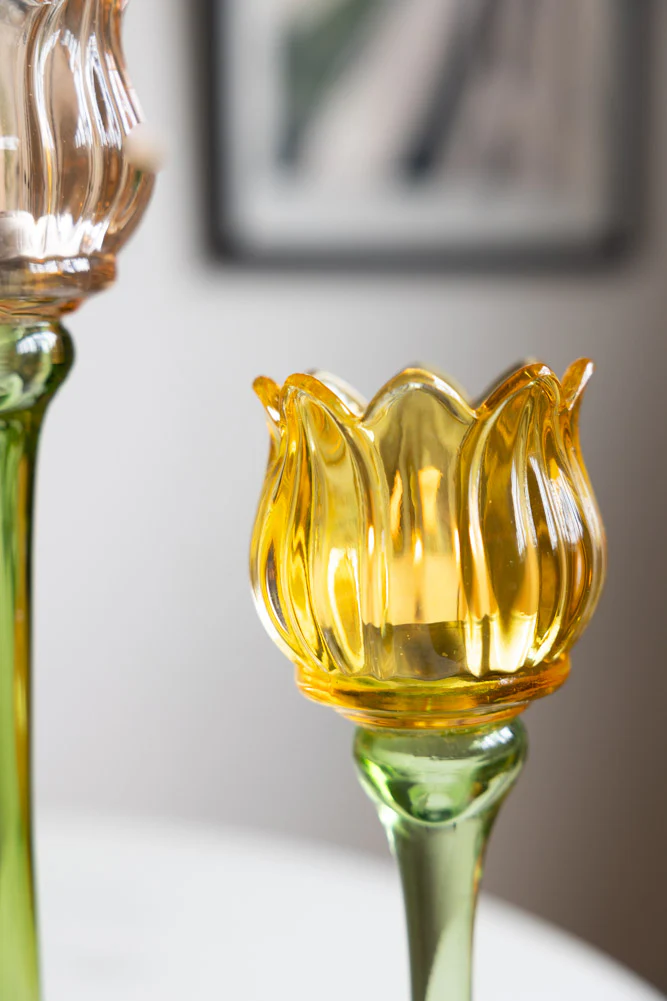 Vintage-Style Yellow Glass Flower Candle Holder - Image 7